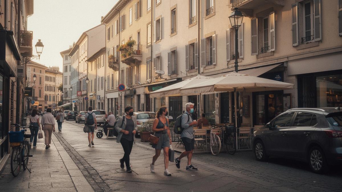A European city street scene for the sightseeing trip route preview.